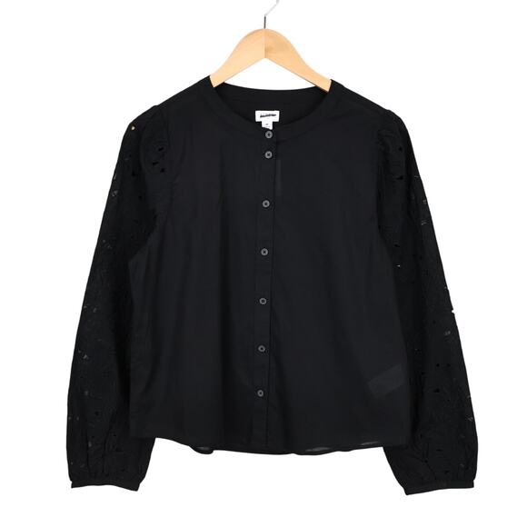 NWT J.Crew Factory Eyelet-Sleeve Embroidered Button-Front Top Black Size Medium - Picture 1 of 9